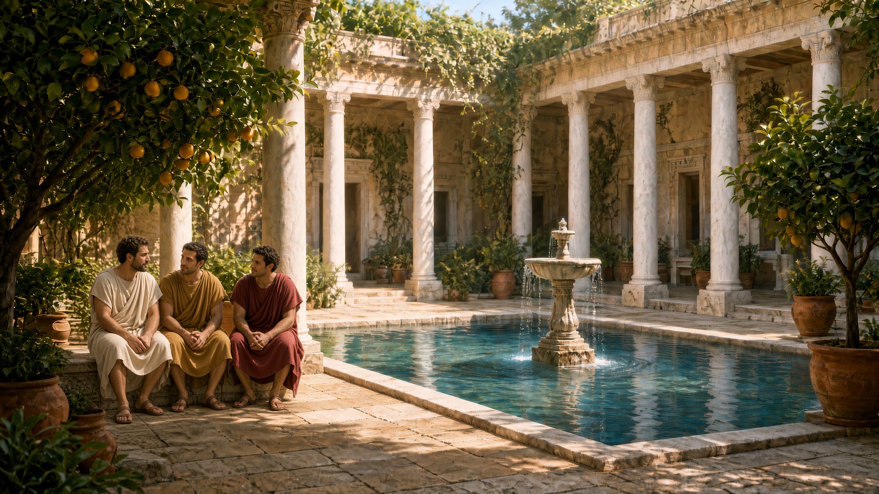 Three figures in counsel in a sunlit Roman courtyard